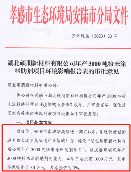 投资千万！这家企业拟建年产3000吨粉末涂料助剂项目